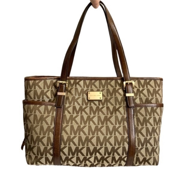 Michael Kors brown signature mk tote bag with leather trim - Picture 1 of 14